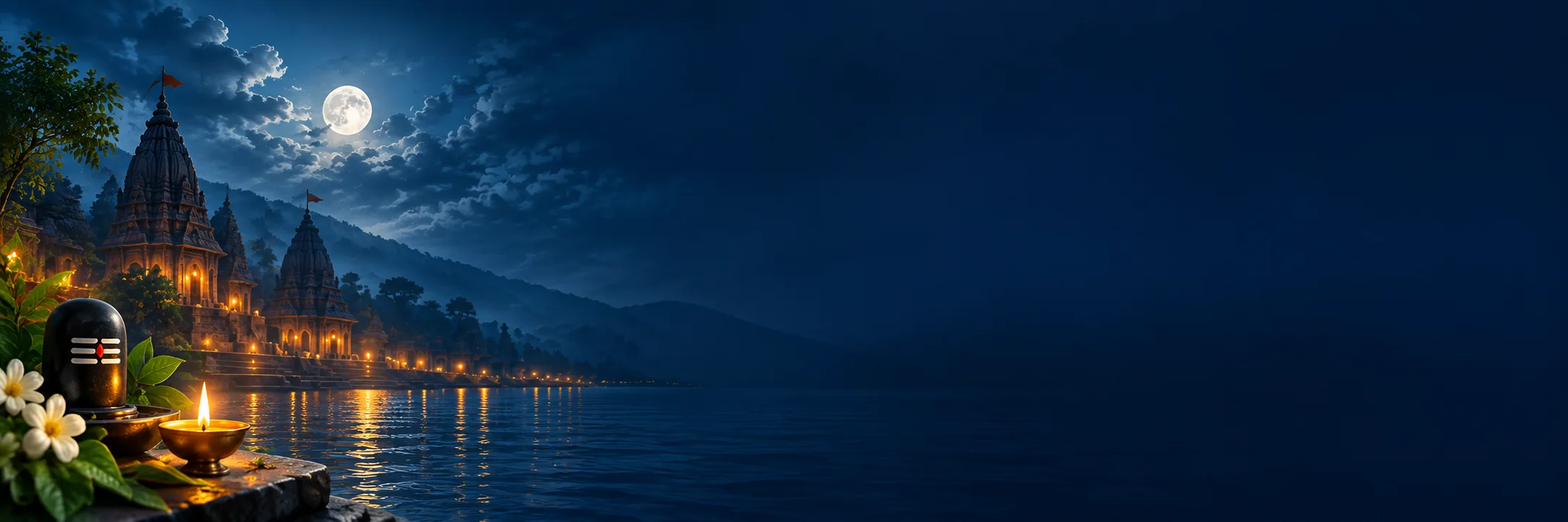 Shivling with a diya beside a moonlit river and temples