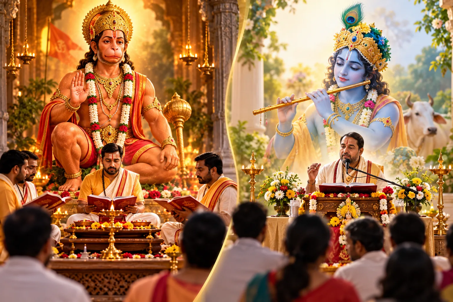 Family listening to a Bhagwat Katha recitation at home