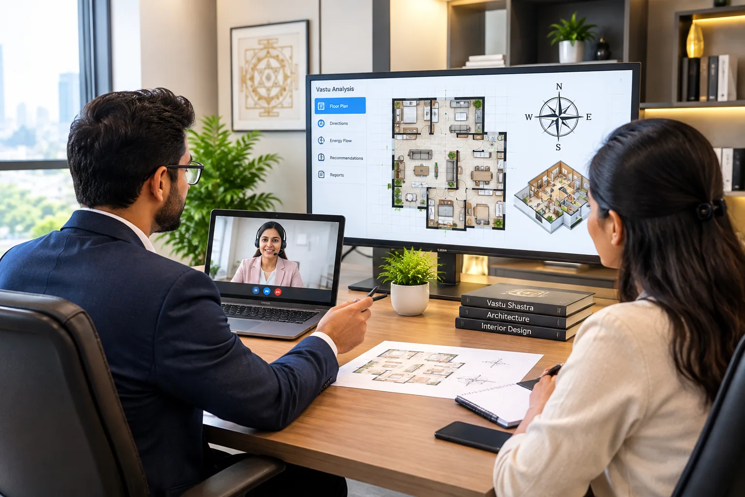 Vastu consultant reviewing a floor plan with directions on screen during a video call