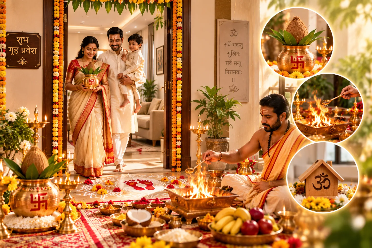 Family entering a new home with a kalash during Grah Pravesh