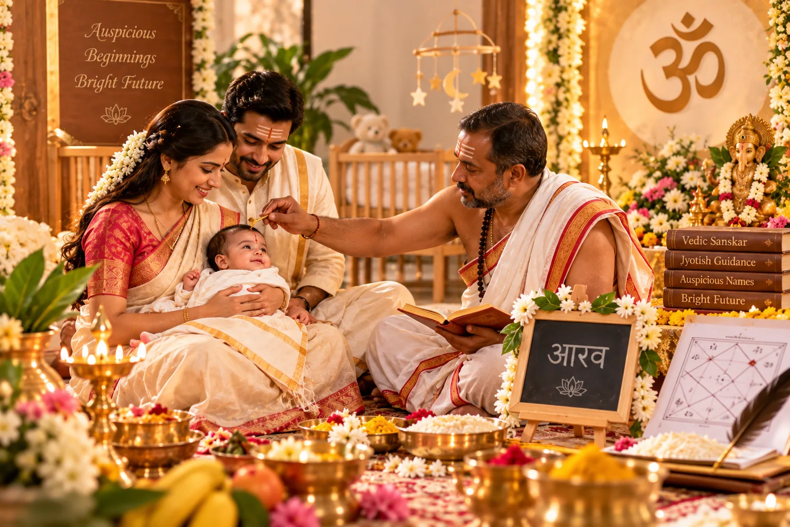 Parents holding their newborn during a Naam Karan ceremony