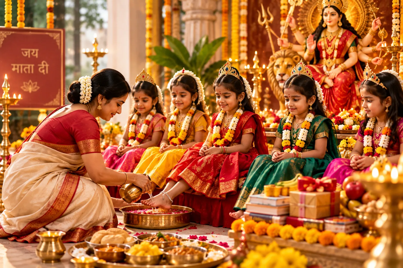 Young girls seated in a row for Navratri Kanya Poojan