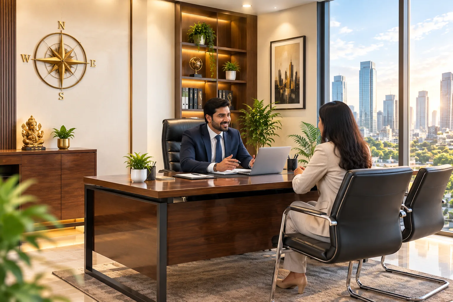 Business owner meeting a client in a Vastu-aligned office with a compass on the wall