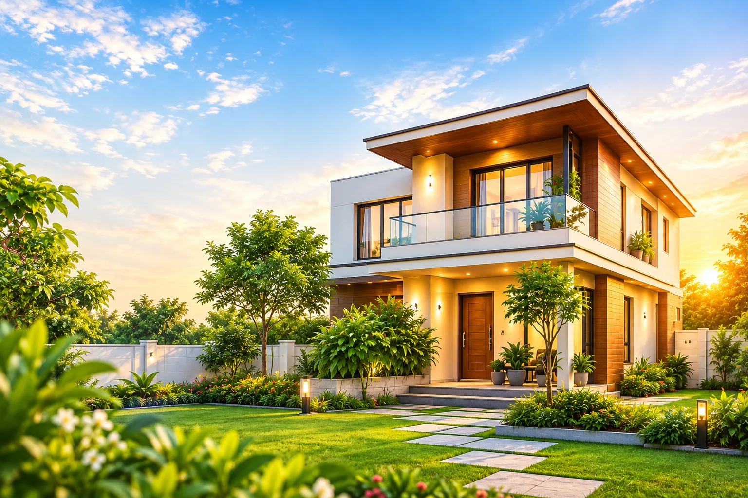 A bright, well-planned family home with a garden at sunset